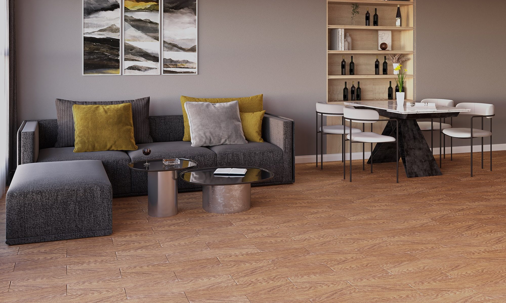 cerámica madera castaño beige 15x60 en sala interior