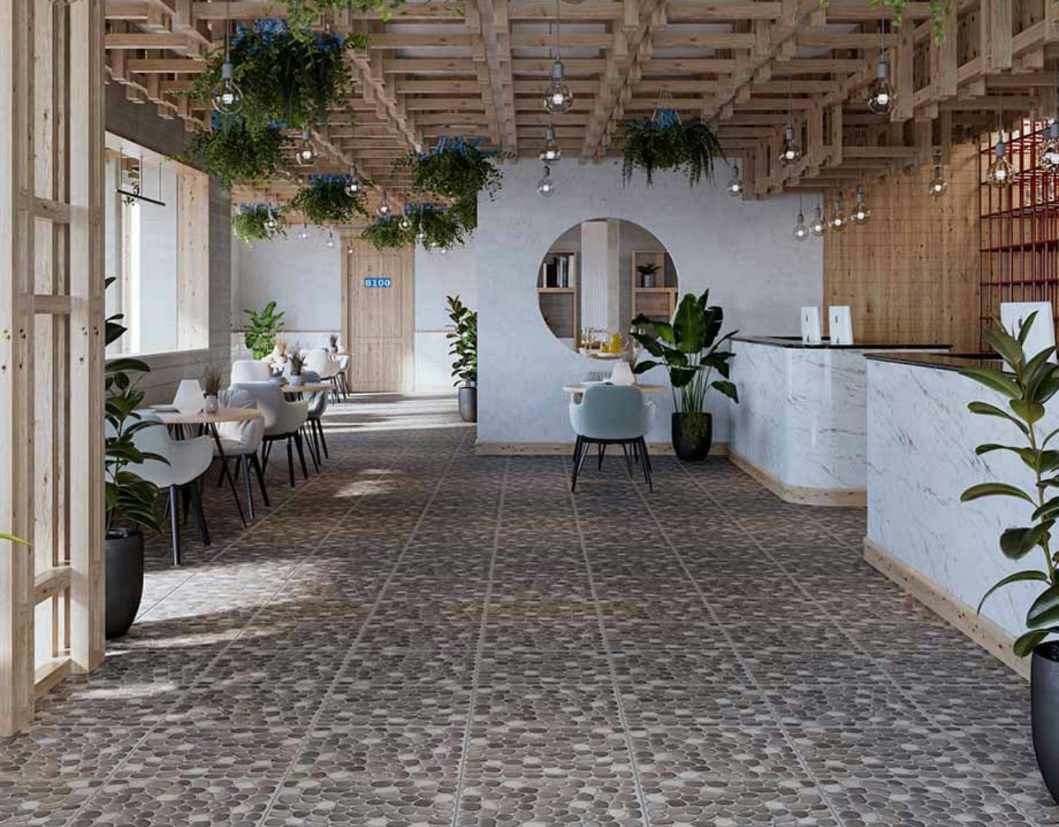 cerámica gabro café 45x45 en espacio grande