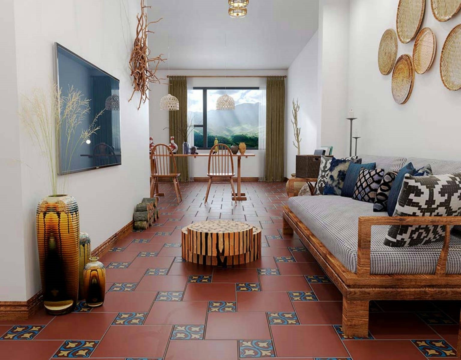 sala interior con muebles de madera y piso gres new tradición rojo 30x30